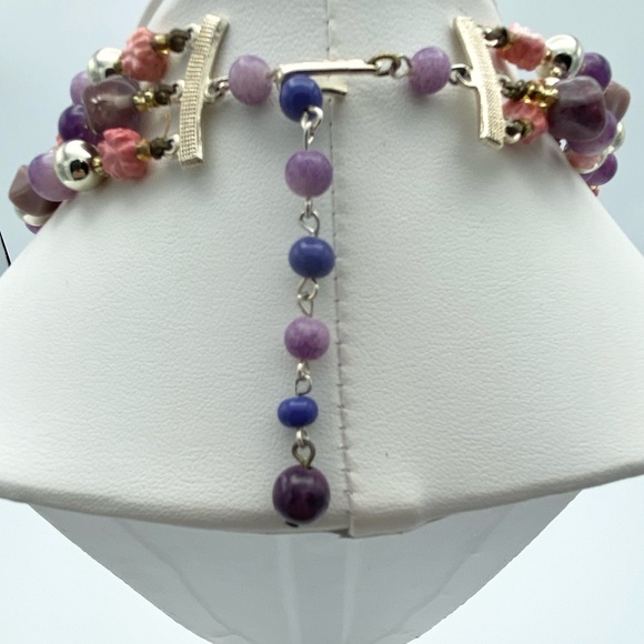 Vintage Purple Silver Tone Flower Beaded Multi Strand Collar Statement Necklace - Picture 5 of 11